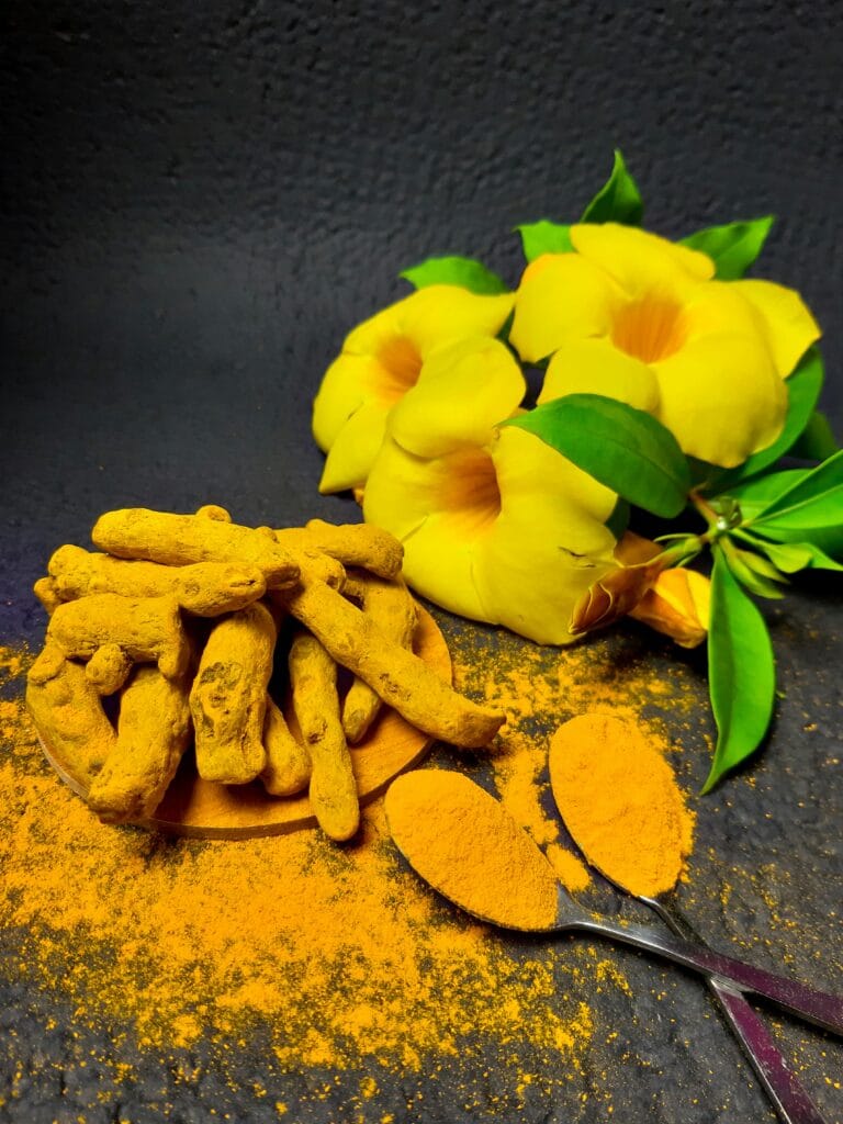 Fresh turmeric root with ground turmeric powder in a wooden bowl, showing the curcumin source for anti-inflammatory support